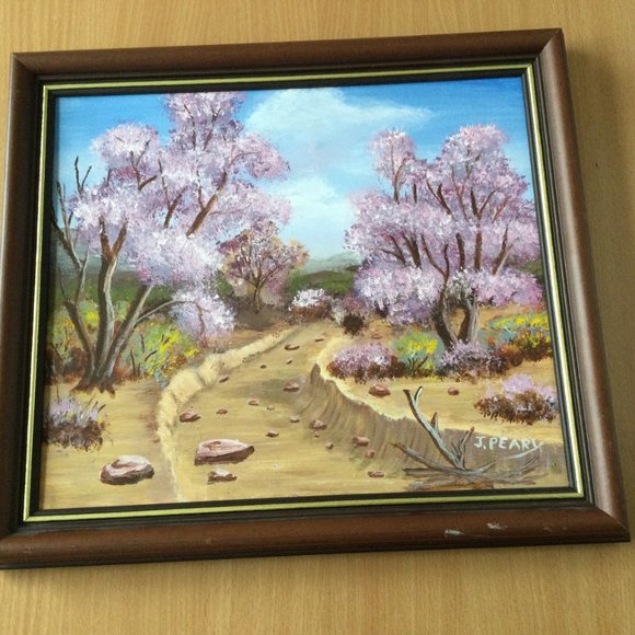 Wood framed painting purple flowers landscape 15" x 13" signed J Peary - Picture 3 of 4